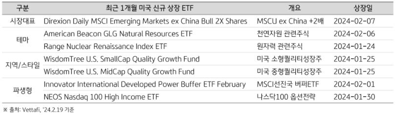 최근 1개월 동안 미국에서 '신규로 상장'된 주요 etf들의 이름과 개요, 상장일.
